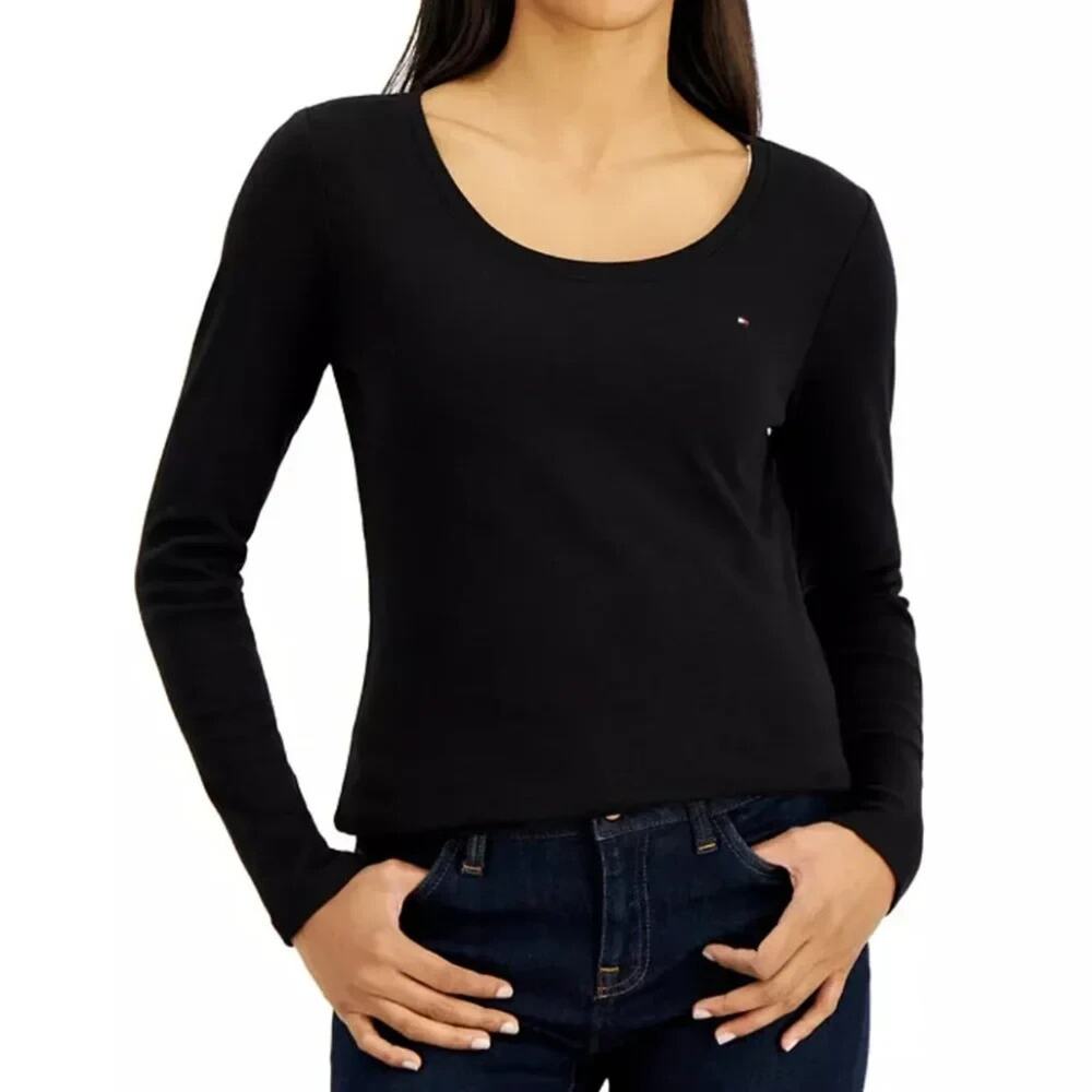 Tommy Hilfiger Women's Solid Scoop-Neck Long-Sleeve Top Black Size Xs 3741